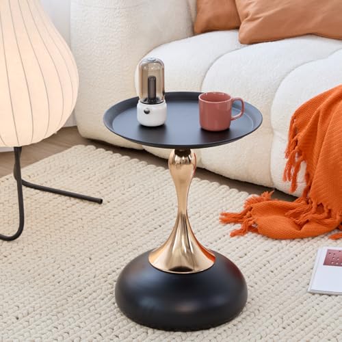 Modern Round Side Table with Gold Pedestal Base, Black Metal Top, Accent End Table for Living Room (Black) - color: Black