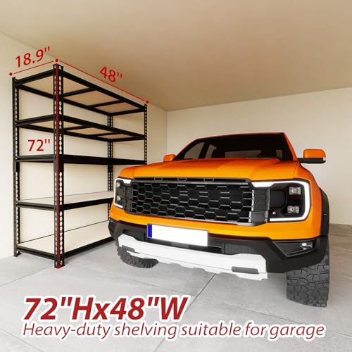 48W Garage Shelving,3250 LBS Heavy Duty Garage Shelves,5-Tier Adjustable Storage Shelves,Easy Assembly Industrial Shelving Unit for Garage,Basement,Warehouse, Pantry (72"*48"*18.9) - size: Black 72"*48"*18.9" 5T