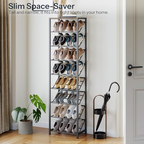HOOBRO Narrow Shoe Rack for Small Spaces, Slanted Shoe Organizer for Entryway, Slim Angled Shoe Storage Rack for Closet, Space Saving 9 Tier Shoe Shelf Holds 8-16 Pairs, Rustic Brown BF92XJ01 - size: 9 Tier ( 60.6"H)