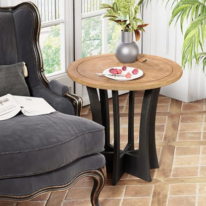 COZAYH Farmhouse Round End Table X 2P with Criss-Cross Wood Legs, Rustic French Country Side Table for Dinning or Living Room, Modern, Black, Natural Wood Color - color: Black
