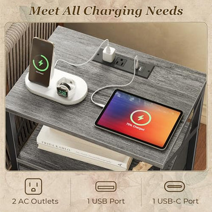 Huuger Nightstands Set of 2, Night Stand with Charger Station, 2 Drawer Side Table with Open Shelf, USB-C Port, End Table for Small Spaces, X Shaped Side Rail, Grey - color: Grey