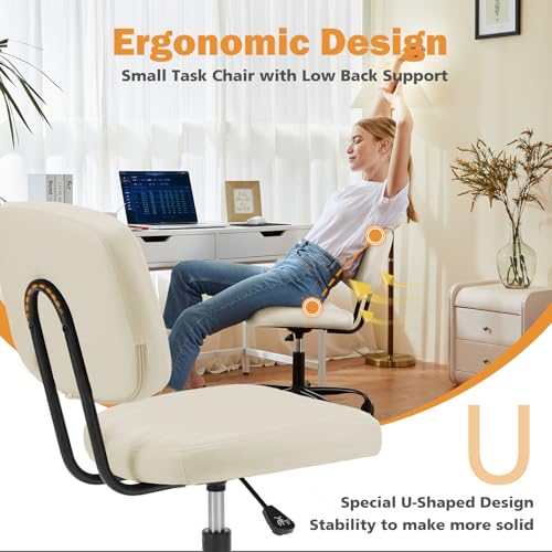 Sweetcrispy Small Office Desk Chair, Armless PU Leather with Comfy Lumbar Support, Height Adjustable Rolling Swivel Task for No Arms, for Adult, Student, Bedroom, Home, Vanity, Beige White - color: Beige