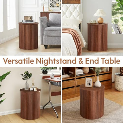 AVZEAR Small Round Side Table Fluted Night Stand Set of 2, 17.7" Mid Century Modern End Table, Circle Bedside Tables Wood Nightstands for Small Spaces, Living Room, Bedroom (Rustic Walnut) - color: Walnut, size: 17.7"D x 17.7"W x 21.6"H
