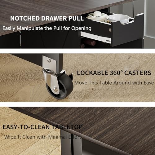 Folding Dining Table with 6 Wheels, Drop Leaf Tables for Small Spaces, Foldable Dining Table with 2-Layer Storage Rack, Kitchen Table with Drawer (Brown Wood and Black) - color: Dark Brown