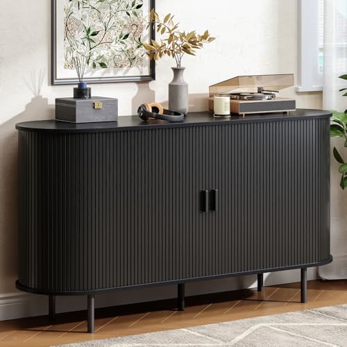 Buffet Cabinet with Storage, Fluted Sideboard Buffet with Sliding Door, Coffee Bar Cabinet with Adjustable Shelf, Console Table, Accent Table for Entryway, Kitchen (Black, 55 Inch) - color: Black, size: 55 Inch