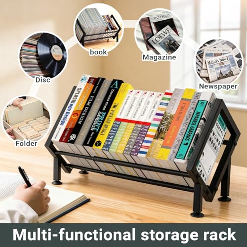 Expandable Desktop Bookshelf Organizer, Metal Office Tabletop Book Storage Rack, Large Tilting Bookcase for Books/CDs/Magazine Display, Desk Shelf for Top of Desk in Living Room, Home, Office (Black)