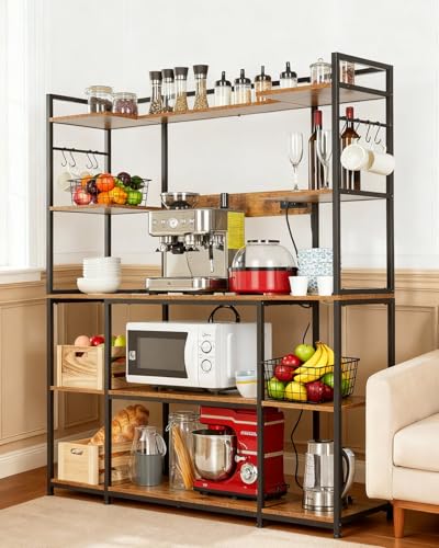 Garvee Kitchen Bakers Rack with Power Outlet 55 * 66inch, Microwave Oven Stand with Storage 4 Tiers, Coffee Bar Table with 6 S Hooks, Kitchen Storage Shelf Rack for Spices, Pots, Rustic Brown - size: 55*66