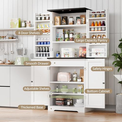 Vongrasig Kitchen Pantry Storage Cabinet with Barn Doors, Drawer and Adjustable Shelves, 6-Tier Tall Rustic Wood Cupboard Locker for Kitchen, Dining Room, Living Room, Bathroom, (White) - color: White