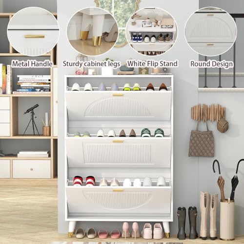 White Shoe Storage Cabinet: 32" Ultra Thin Small Shoe Cabinet for Entryway, Modern Slim and Narrow Hidden Shoes Rack Organizer with Doors and 3 Flip Drawer (1 Piece, 32") - size: 32"