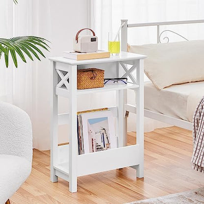 Yaheetech Small Side Table with Storage Shelf, 3-Tier Slim X Shaped End Table with Magazine Rack, Living Room Home Office Balcony Small Spaces, Effortless Assembly, White