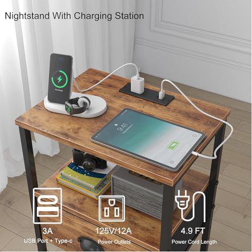 sthmec Nightstands Set of 2, Night Stands with Charging Station and Fabric Drawer, Bedside Tables with Drawers, 2- Tier Side Table with Open Shelf, Nightstands with Charging Station,Rustic Brown - color: Rustic Brown, style: Power
