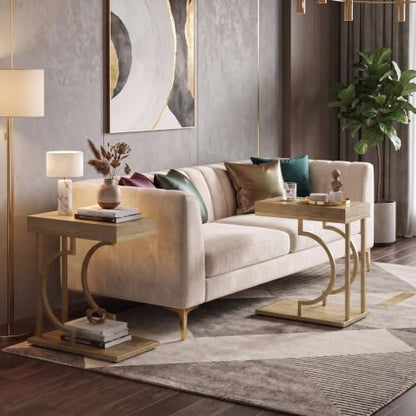 Tribesigns C Shaped Modern End Table for Coach with Metal Frame | Oak Wood Grain, Small Side Table for Living Room, Nightstand for Bedroom, Light Brown&Gold - color: Brown&gold
