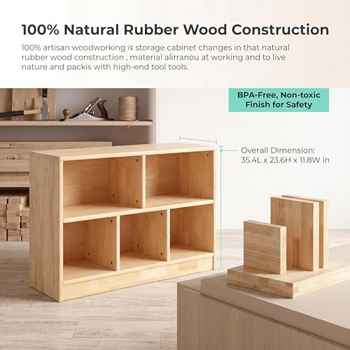 Montessori Toy Storage Organizer,Rubber Wood Kids Storage Bookshelf with 5 Compartments,Wooden Kids Storage Bookcase Cabinet for Toddler Playroom, Bedroom (Natural, 2-Tier, Rectangular-Medium)