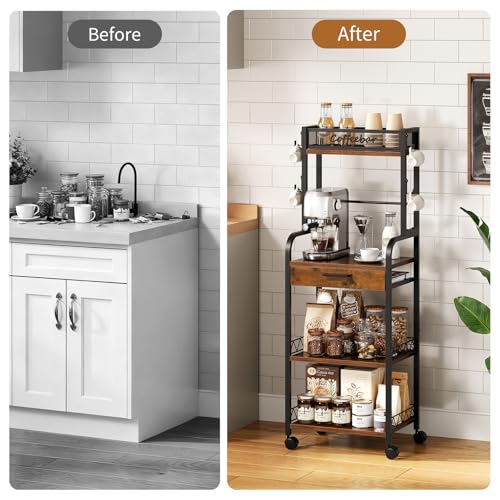 HavenlyYouth Coffee Station Organizer - 5 Tier Coffee Bar Cart with Wheels and Storage, Pod Drawers and 4 Hooks for k Cup Organizer, Tea Bar, Living Room, Kitchen,Office