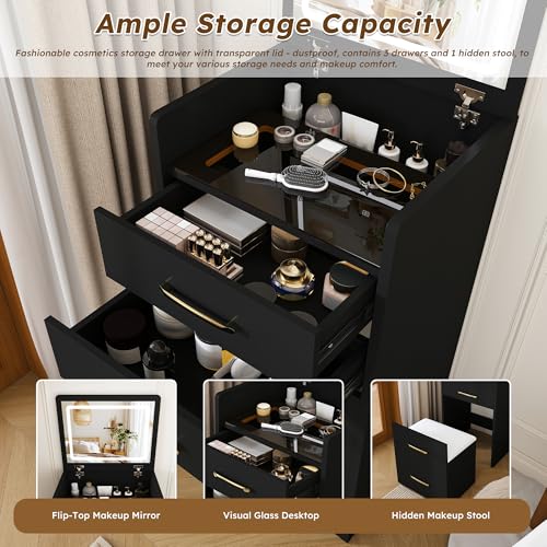 3-in-1 Black Gold Vanity Desk, Compact Makeup Vanity Set with Flip-up Mirror, Visible Glass Desktop, 3 Drawers, Hidden Storage, Multifunctional Dressing Table Nightstand Combo for Small Bedroom