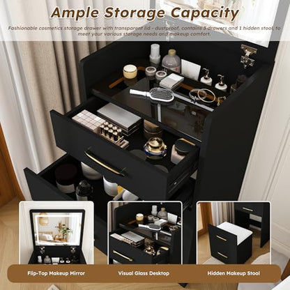 3-in-1 Black Gold Vanity Desk, Compact Makeup Vanity Set with Flip-up Mirror, Visible Glass Desktop, 3 Drawers, Hidden Storage, Multifunctional Dressing Table Nightstand Combo for Small Bedroom