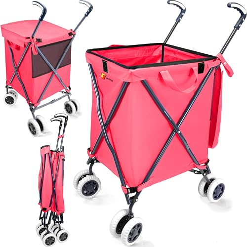 Wellmax Folding Shopping Cart with Canvas Bag & Cover, Holds 120 lb, Pink | 360 Swivel Wheels, Lightweight Foldable Utility Cart, 24 Gallon Capacity, for Groceries, Laundry & Seniors, Rolling Cart - color: Pink