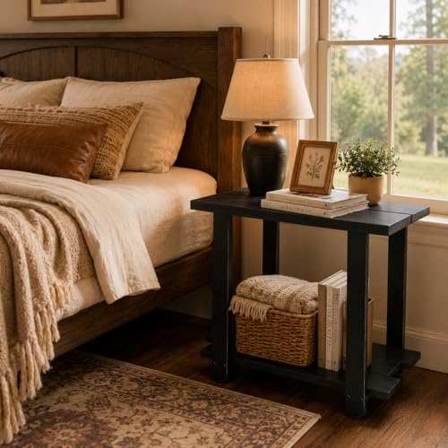 Transitional Narrow End Table, 2-Tier Rustic Side Table with Storage Shelves, Modern Farmhouse Industrial Nightstand for Living Room, Bedroom, Small Spaces, Couch, Black - color: Black