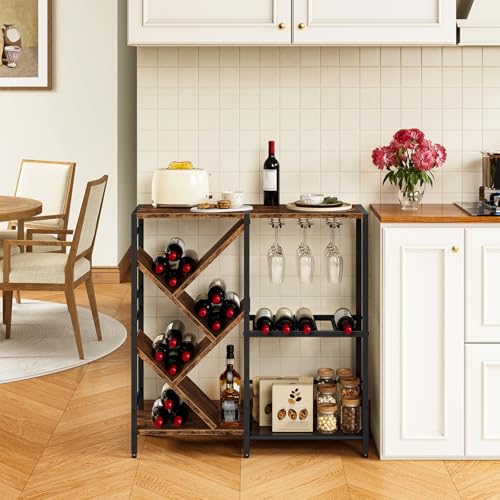 HOOBRO Liquor Cabinet Bar, Wine Rack Freestanding Floor, 3-Tier Wine Rack with Glass Holder, Liquor Bar Cabinet, Mini Bar Table with Bottle Display Rack for Home Bar, Rustic Brown and Black BF36JJ01