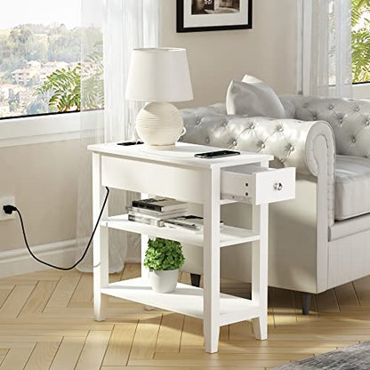 ChooChoo Narrow End Table with Charging Station, Side Table Living Room with USB Ports & Power Outlets and Hidden Drawer, 3-Tier Skinny Nightstand with 2 Open Storage Shelves for Small Place (White) - color: White