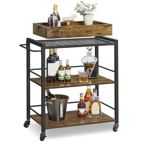 VASAGLE Kitchen Serving Cart with Removable Tray, 3-Tier Kitchen Utility Cart on Wheels with Storage, with Brakes, Leveling Feet, 15.7 x 28.3 x 33.9 Inches, Rustic Brown and Black ULRC72X - color: Rustic Brown + Black, size: 15.7"D x 28.3"W x 33.9"H
