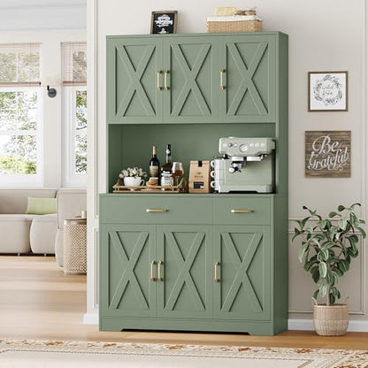HOSTACK 71" Pantry Cabinet with Charging Station, Tall Kitchen Pantry Storage Cabinet with Microwave Stand, Farmhouse Kitchen Hutch with Storage Drawers for Living Room, Dining Room, Green - color: Green