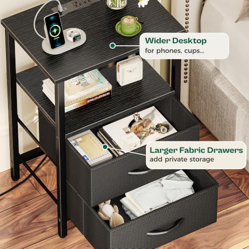 Huuger Night Stand with Charger Station and LED Lights, 2 Drawer Nightstand, Bed Side Table with Open Shelf, End Table, Fabric Drawers for Bedroom, Black - color: Black, size: 11.8"D x 15.7"W x 23.6"H（2 Drawers）