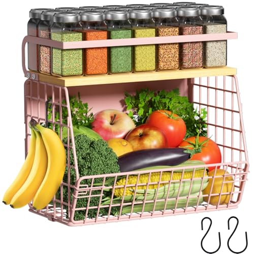 Magnetic Shelf for Fridge with Wood Lid, Fruit Potato and Onion Storage Bins, Pantry Organizers & Storage, Large Container Magnetic Spice Rack for Refrigerator, Kitchen Counter, Cabinet (Pink, 1) - color: Pink, size: 1-Regular