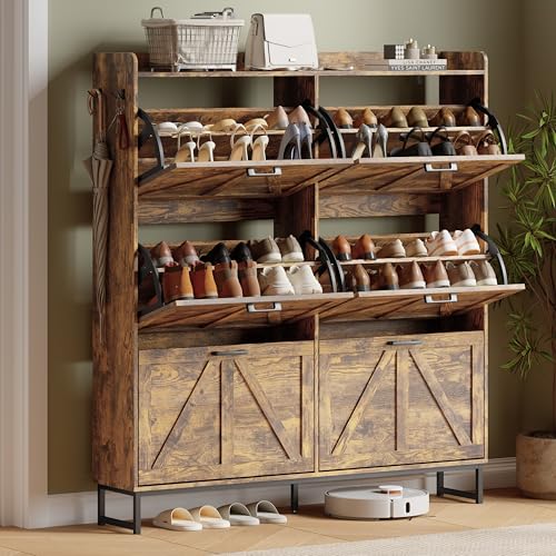 Xixini Shoe Storage Cabinet with 6 Flip Drawers, Entryway Shoe Rack, Brown | Narrow Slim Shoe Storage, Freestanding Hidden Wood Shoe Organizer, Modern Farmhouse, Open Storage & Hooks for Closet, Hallway - color: Brown, size: 6 Flip Drawers