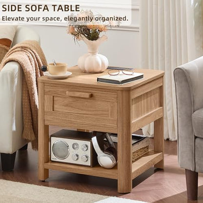 Joaxswe Farmhouse Side Table Set of 2 Living Room, Small Night Stand with 1 Drawers & Open Shelving & 4 Thickened Table Legs, Dark Wood - color: Dark Wood, size: Set of 2