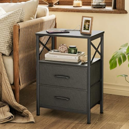 Huuger Nightstands Set of 2, Night Stand with Charger Station, 2 Drawer Side Table with Open Shelf, USB-C Port, End Table for Small Spaces, X Shaped Side Rail, Black - color: Black
