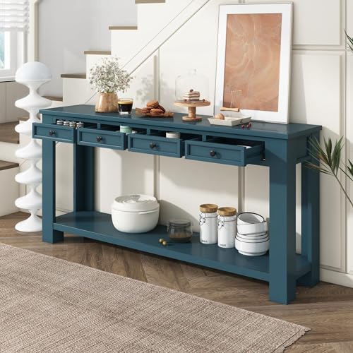 LKTART Solid Wood Console Table,63" Sofa Table Entryway Table with Drawers | Console Table for Entryway with 4 Drawers and Open Shelf,Entry Table for Hallway,Foyer,Living Room,Easy Assembled,Dark Blue - color: Dark Blue