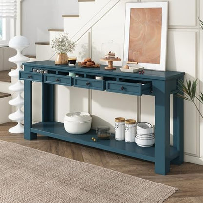 LKTART Solid Wood Console Table,63" Sofa Table Entryway Table with Drawers | Console Table for Entryway with 4 Drawers and Open Shelf,Entry Table for Hallway,Foyer,Living Room,Easy Assembled,Dark Blue - color: Dark Blue