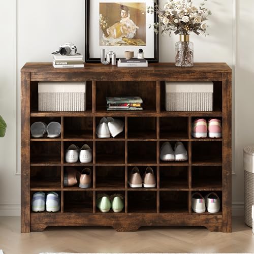 Harper & Bright Designs Sleek Design 24 Shoe Cubby Console, Modern Shoe Cabinet with Curved Base, Versatile Sideboard for Hallway, Bedroom, Living Room, Rustic Brown - color: Rustic Brown, size: 35''