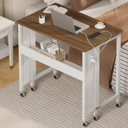 CHOEZON Folding Desk with Power Outlets, 31.5" Rolling Computer Table with Wheels, Portable Office Desk with Storage Shelf for Small Spaces Rustic Brown and White TDN01UWL - color: Rustic Brown and White