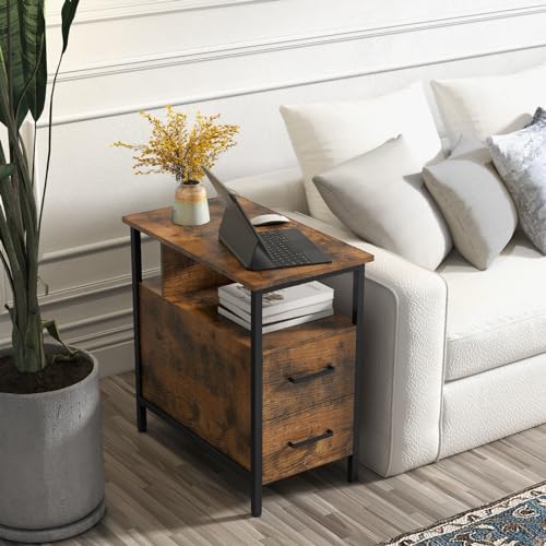 Livofloral Side Tables with Charging Station, Narrow End Table with 2 Wooden Drawers, USB Ports and Power Outlets, Narrow Nightstand and Bedside Table, Side Tables Living Room, Bedroom, Brown - color: Brown