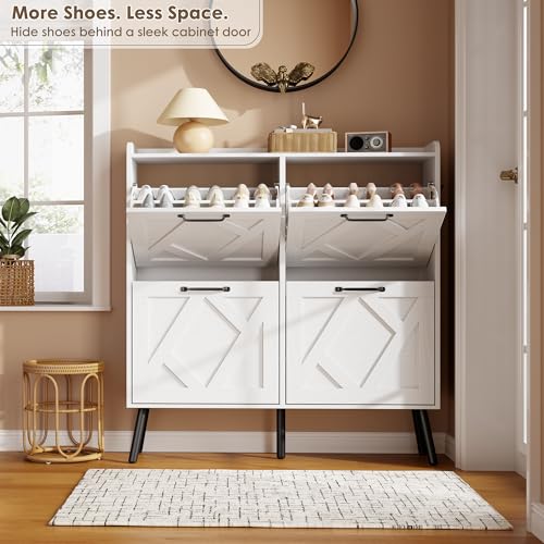 Shoe Cabinet with 4 Flip Drawers, Freestanding Shoe Organizer Cabinet with Metal Legs, Farmhouse Slim Shoe Rack Cabinet for Entryway, Foyer, Hallway, White - color: Pure White