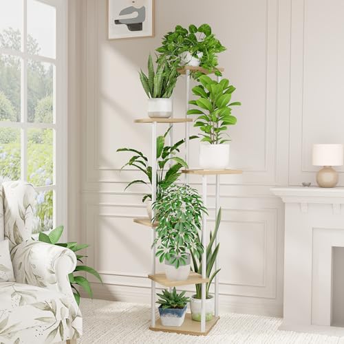 Bamworld White Plant Stand Indoor 6 Tier Metal Plant Shelf for Multiple Plants Tall Flower Stand for Patio Garden Balcony Living Room Bedroom - color: White Oak, size: 6 Tier