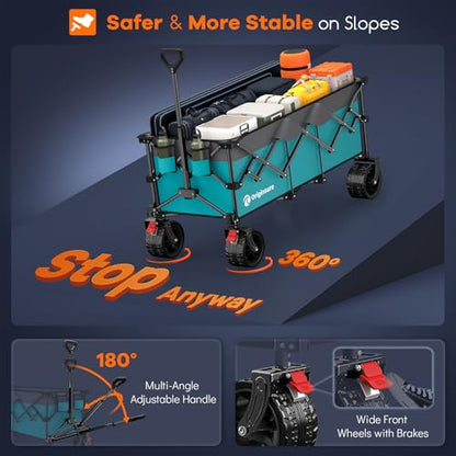 Originsure 300L Foldable Beach Wagon Cart with Big Wheels,560lbs,Turquoise | 48" Folding Utility Wagon,7" All-Terrain Wheels,Heavy Duty Frame,Compact&Space-Saving,for Camping,Sports,Grocery,Garden - color: Grey&turquoise
