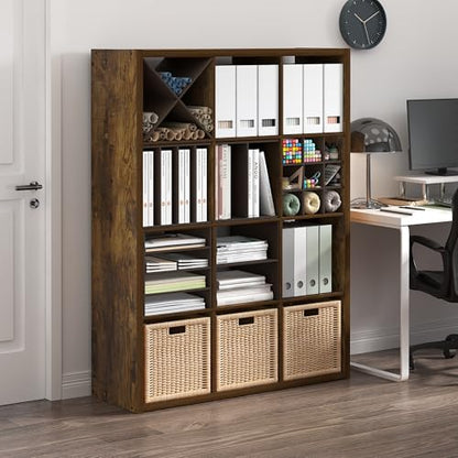Furinno Cubicle Book Shelf, 12-Cube Bookshelf, Extra Thick Frame Reversible Bookcase with Open Back, 14.6" x 44" x 58", for Living Room, Bedroom, Home Office, Amber Pine - color: Amber Pine, size: 12-Cube,1.2In