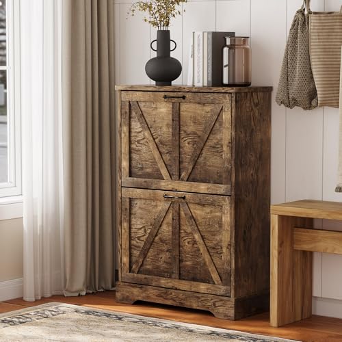 Semiocthome Farmhouse Shoe Storage Cabinet with 2 Flip Drawers, 23.6"(W) Freestanding Shoe Organizer with Barn Door and Metal Handles for Entryway, Corner Narrow Shoe Rack Cabinet - Rustic Brown - color: Rustic Brown, size: 23.6"W