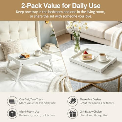 Breakfast Tray with Folding Legs Set of 2, Bamboo Bed Tray Table 15.7" Foldable TV Dinner Tray with Ergonomic Wave Handles for Bed Couch Sofa, Breakfast, Snacks, Coffee, White - color: White, size: Medium