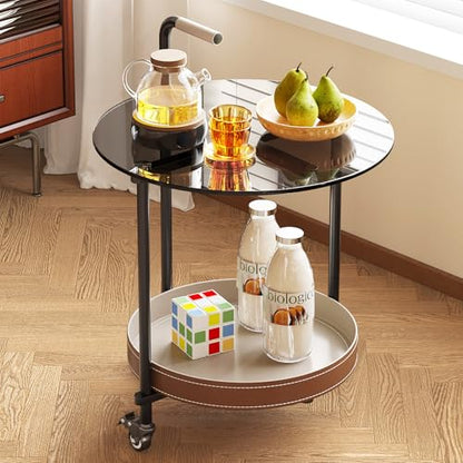 Guyii 2-Tier Sofa End Table with Storage Modern Sofa Side Table with Wheels Round Temper Glassed Coffee Table 360 Rotation Rolling Cart for Living Room Bedroom Office - color: Black