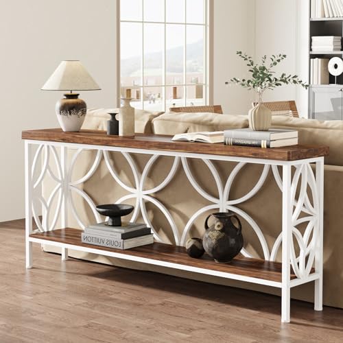 Tribesigns 70.9-Inch Narrow Sofa Table, Industrial Long Sofa Table Behind Couch, Entry Console Table with Storage for Entryway, Living Room, Foyer, Unique Design, Walnut/White - color: Walnut/White