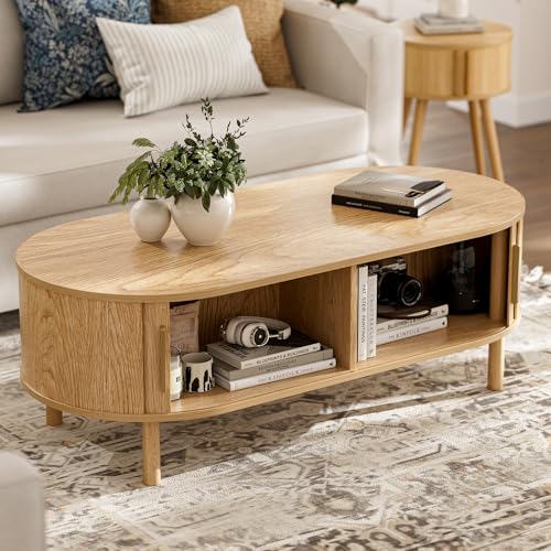 ZttRiee Oval Coffee Table with Sliding Doors, Modern, Natural | 47.24"L x 21.65"W x 16.14"H, 200 lbs capacity, 2 front & back storage areas, ~60 min assembly - color: Oak_lsj032-n