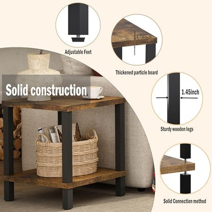 MMEOLUOOK Large End Table Square Side Table Modern Sofa Table 20 Inch Industrial Coffee Table NightStand with 2-Tier Storage Shelf for Living Room Bedroom Rustic Brown MLBZ06R - color: Rustic Brown