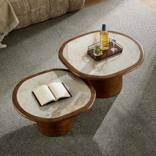 Curved Round Coffee Table Set of 2 with Sintered Stone Tabletop for Living Room, Modern Mid-Century Retro Pedestal Nesting Coffee Table, Burl Wood Veneer, Walnut, 2-Pcs - color: 2-pcs-walnut