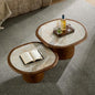 Curved Round Coffee Table Set of 2 with Sintered Stone Tabletop for Living Room, Modern Mid-Century Retro Pedestal Nesting Coffee Table, Burl Wood Veneer, Walnut, 2-Pcs - color: 2-pcs-walnut