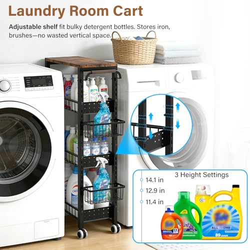 7.8 Inch Ultra-Slim 4-Tier Rolling Storage Cart with Adjustable Shelves - Lockable Wheels & Wooden Top for Narrow Spaces Between Washer/Dryer, Bathroom, Kitchen Organization (Black) - color: Black