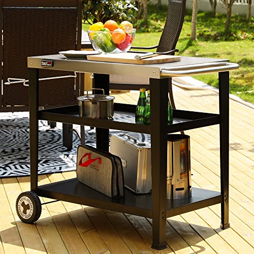 Royal Gourmet PC3404S Rolling Dining Table with Trash Bag Holder, Outdoor Garden Patio BBQ Kitchen Food Prep Table Cart, 34"L x 20"W Stainless Steel Tabletop, Silver & Black | 34"L x20"W Stainless Steel Tabletop | with Removable Trash Bag Holder | Outdoor